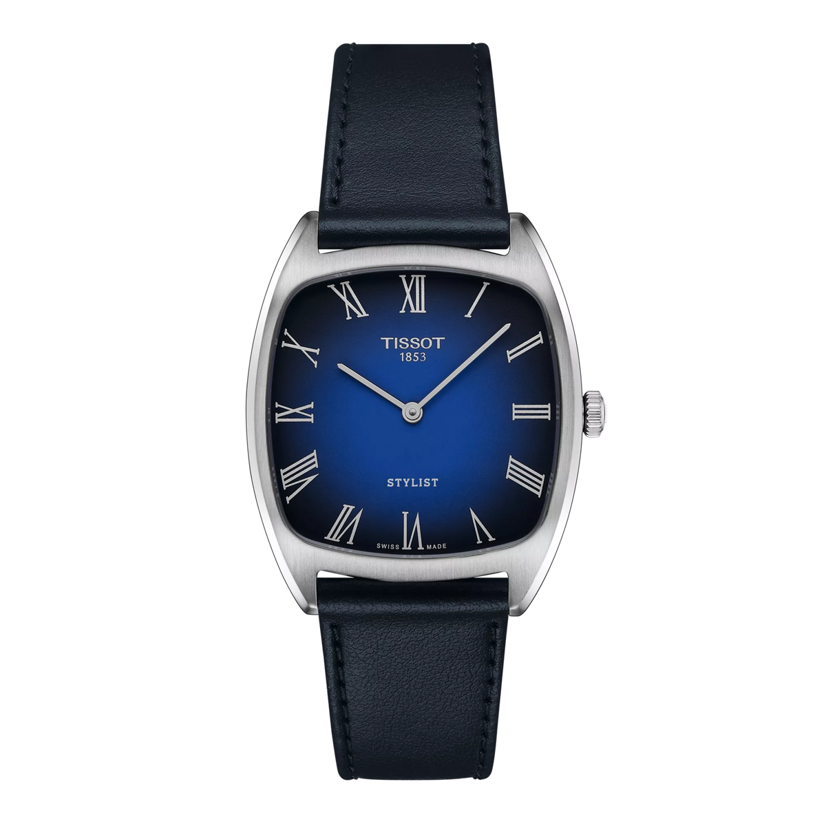 Montre Tissot Stylist avec un cadran bleu et un boîtier argenté, bracelet en cuir noir.