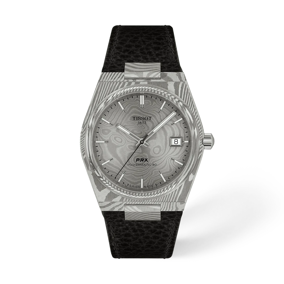 Montre Tissot en acier damassé de 38 mm avec cadran argenté et bracelet en cuir noir.