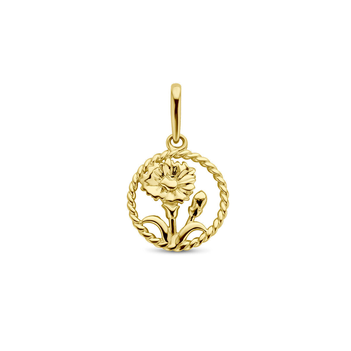 pendentif en or jaune 14K avec motif de fleur et tige.