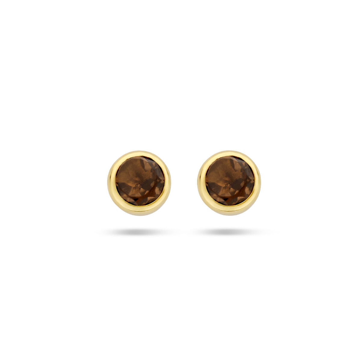 Boucles d'oreilles en or jaune 14K avec des pierres de quartz fumé rondes.