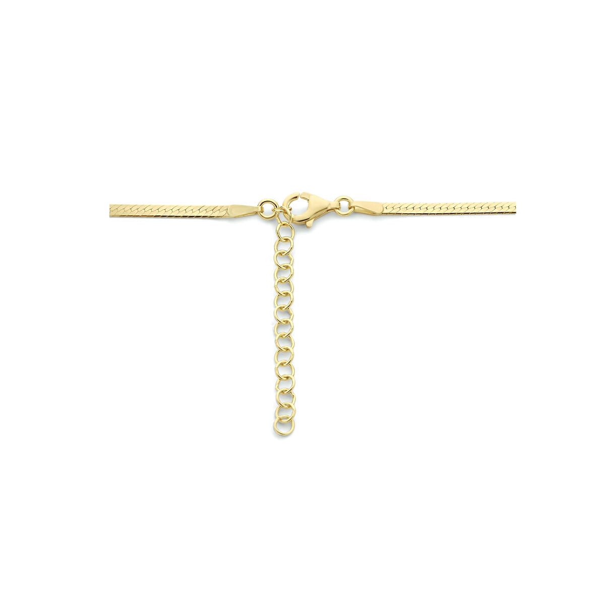 De Van der Kooij Collectie collier slang plat 2,0 mm 40 + 4 cm, 3 micron geel zilver verguld, heeft een lobster claw sluiting en verstelbare extender. Elegant gepresenteerd op een witte achtergrond.