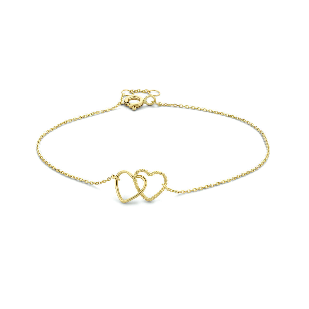 Bracelet en or jaune 14K avec deux cœurs entrelacés, longueur ajustable de 16,5 à 18,5 cm.