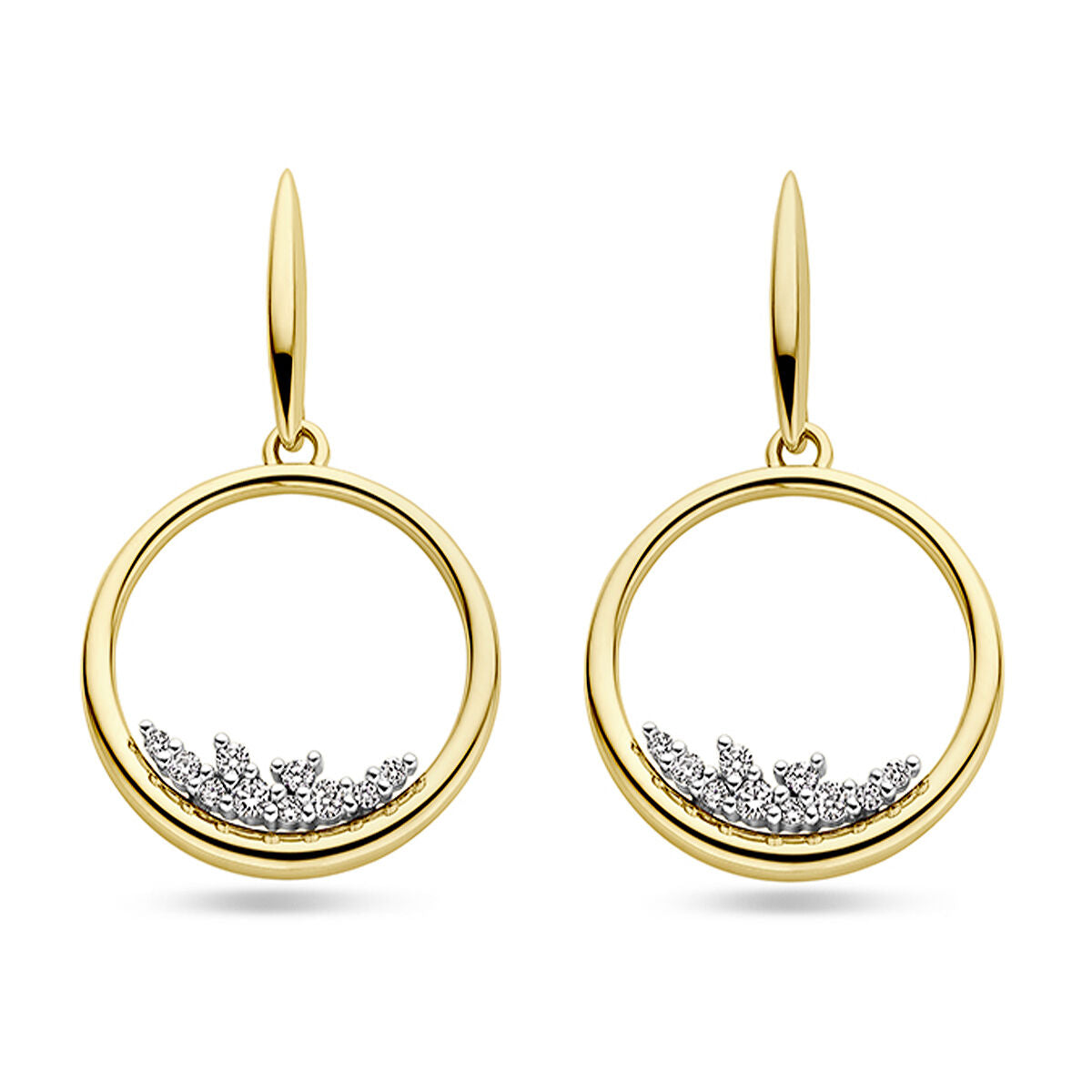 Boucles d'oreilles en or bicolore jaune et blanc avec un cercle et des diamants de 0,23 ct.
