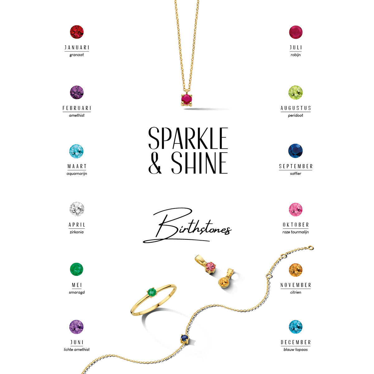 Carte de présentation de la collection 'Sparkle & Shine 2023 - pierres de naissance' avec collier, bracelet et boucles d'oreilles.