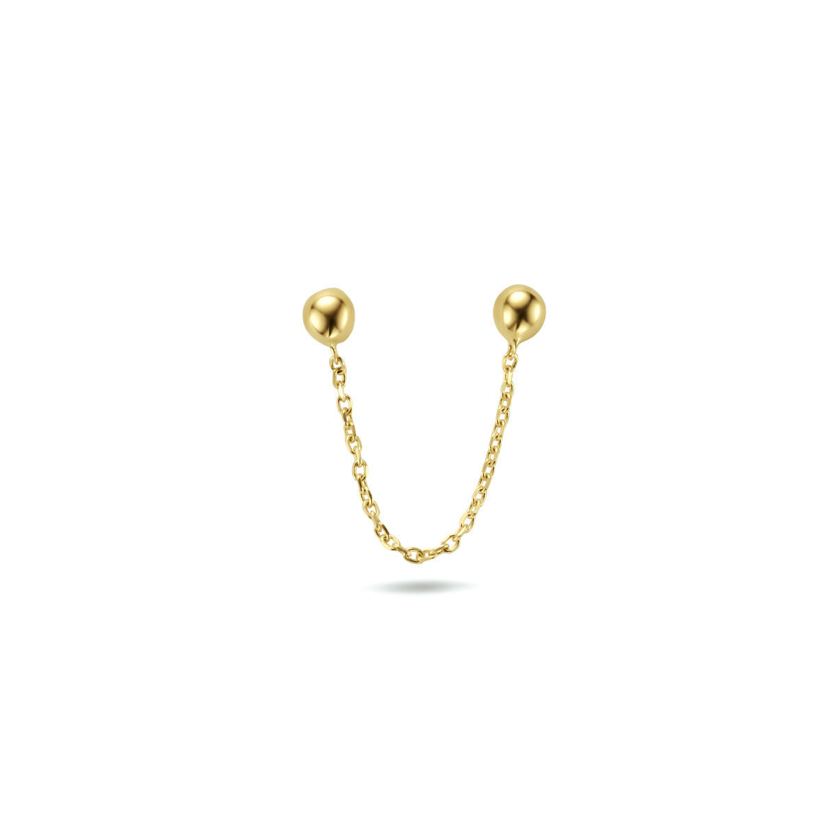 Boucles d'oreilles en or jaune 14K avec deux boules reliées par une chaîne.