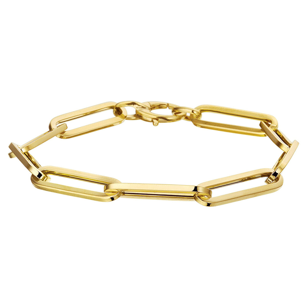 Bracelet en or 14K avec maillons en forme de paperclip et tubes carrés.