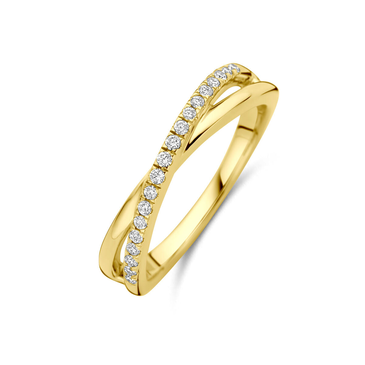 Bague en or jaune 14K ornée de diamants synthétiques de 0,15 ct, avec un design en croix.