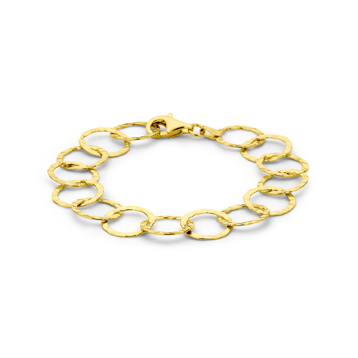 Bracelet en argent doré à l'or 3 microns, composé de cercles martelés, longueur 19 cm.