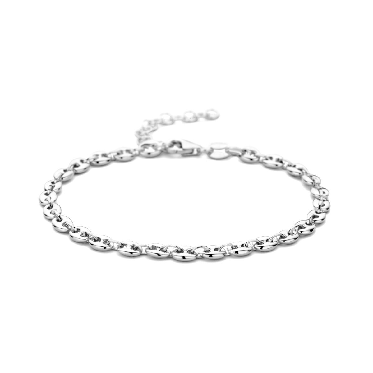 Bracelet en argent rhodié avec des maillons en forme de grain de café, longueur 16 + 3 cm.