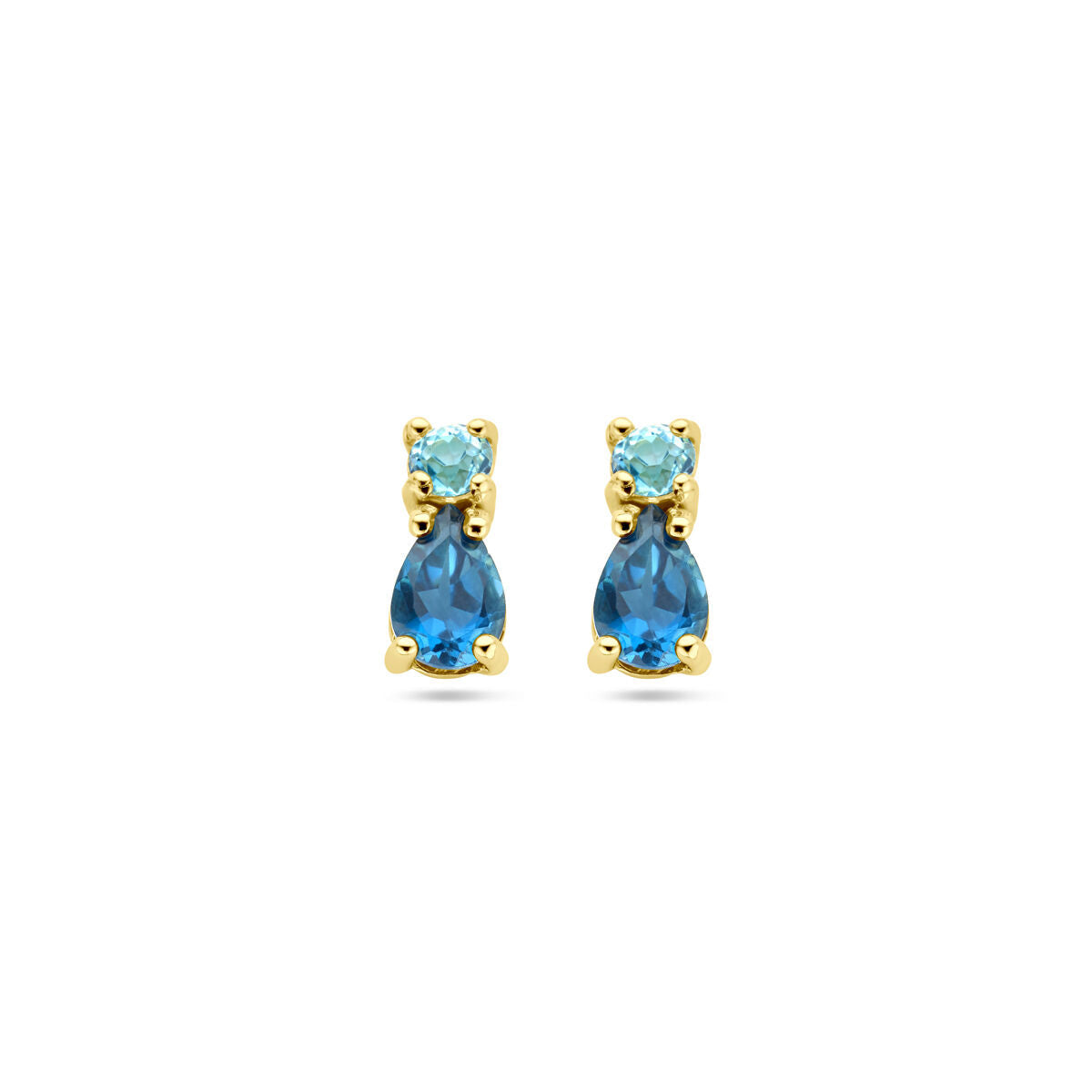 Boucles d'oreilles en or jaune 14K avec topazes london blue et sky blue en forme de goutte.