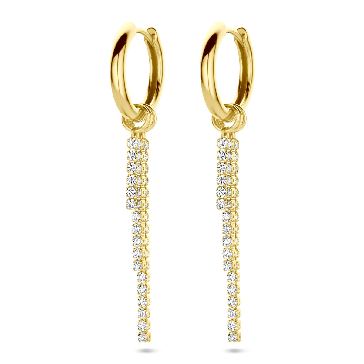 Boucles d'oreilles en argent doré avec des pendentifs en zircone, longueur 46 mm.