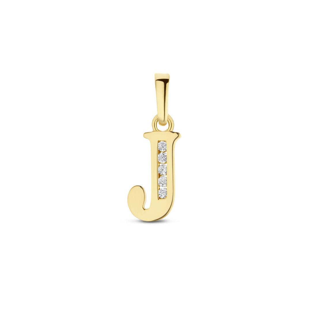 Hanger letter zirkonia 14K geelgoud van de Van der Kooij Collectie, met vier ronde zirkonia's verticaal langs de rechte zijde, afgebeeld tegen een eenvoudige witte achtergrond.