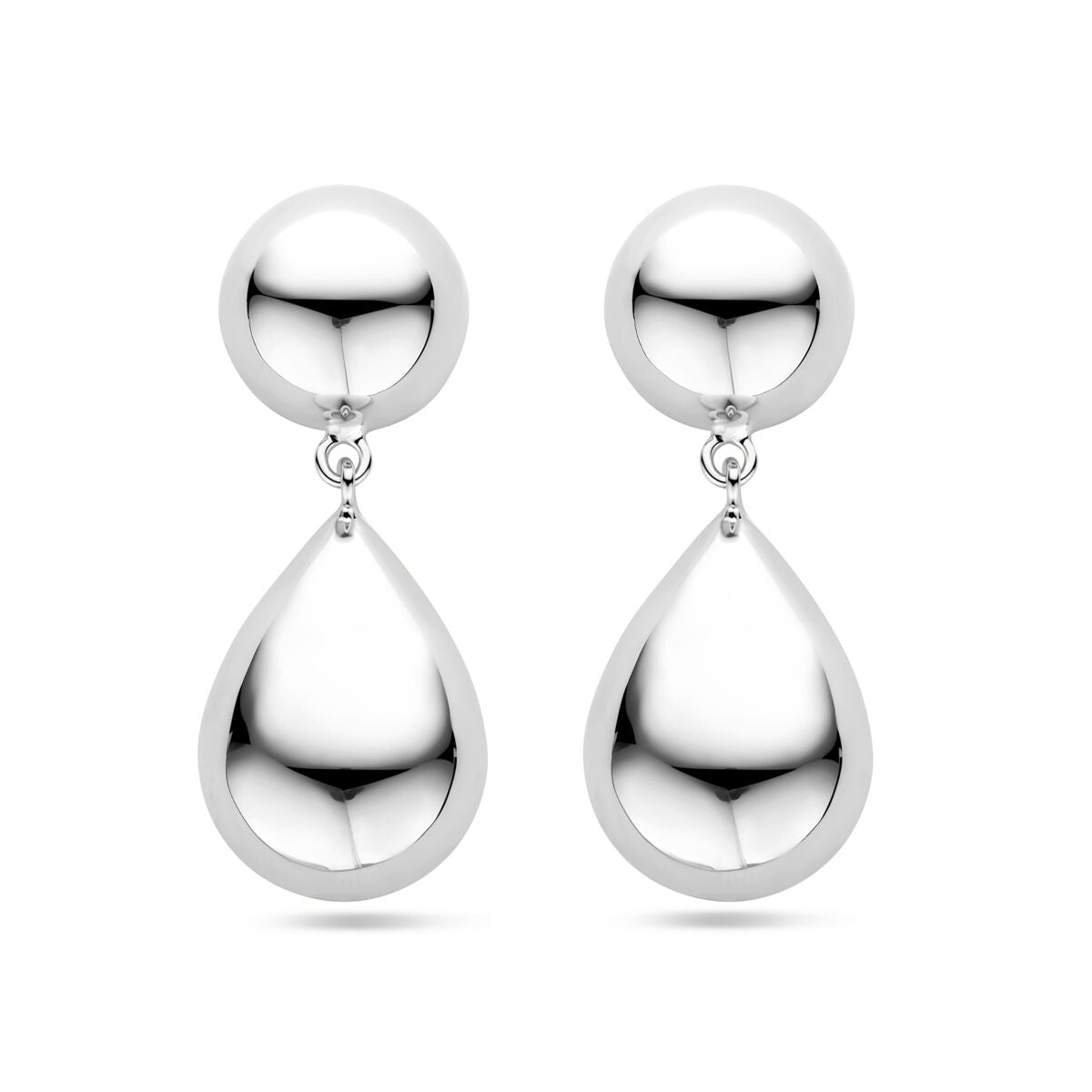 Boucles d'oreilles en argent rhodié, en forme de demi-sphère et de goutte, mesurant 40 mm.