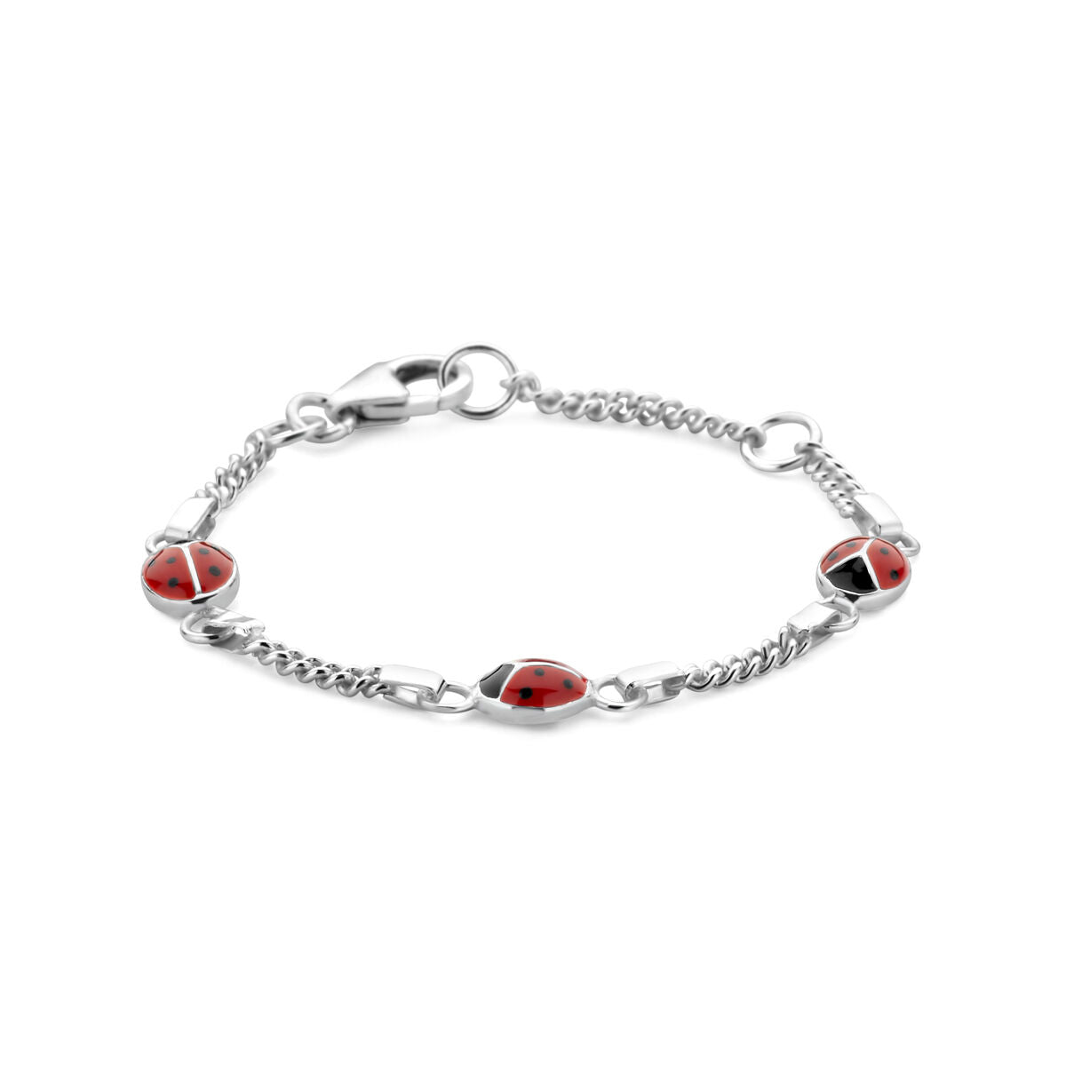 bracelet en argent avec des coccinelles rouges et blanches