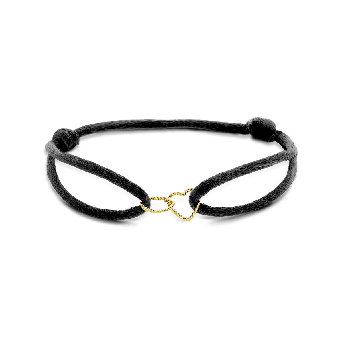Bracelet en satin noir avec un cœur et un rond en or 14K, détails en caoutchouc et nylon.