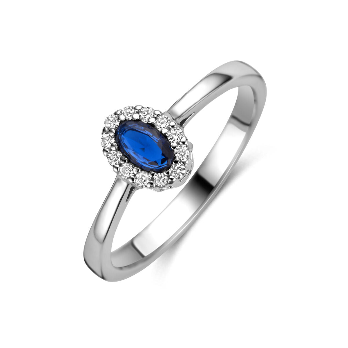 Bague en argent rhodié pour femme avec saphir ovale et zirconiums.