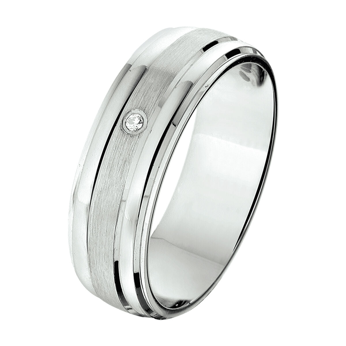 Bague en argent rhodié de 6 mm avec un diamant de 0,01 ct, finition brossée et lisse.