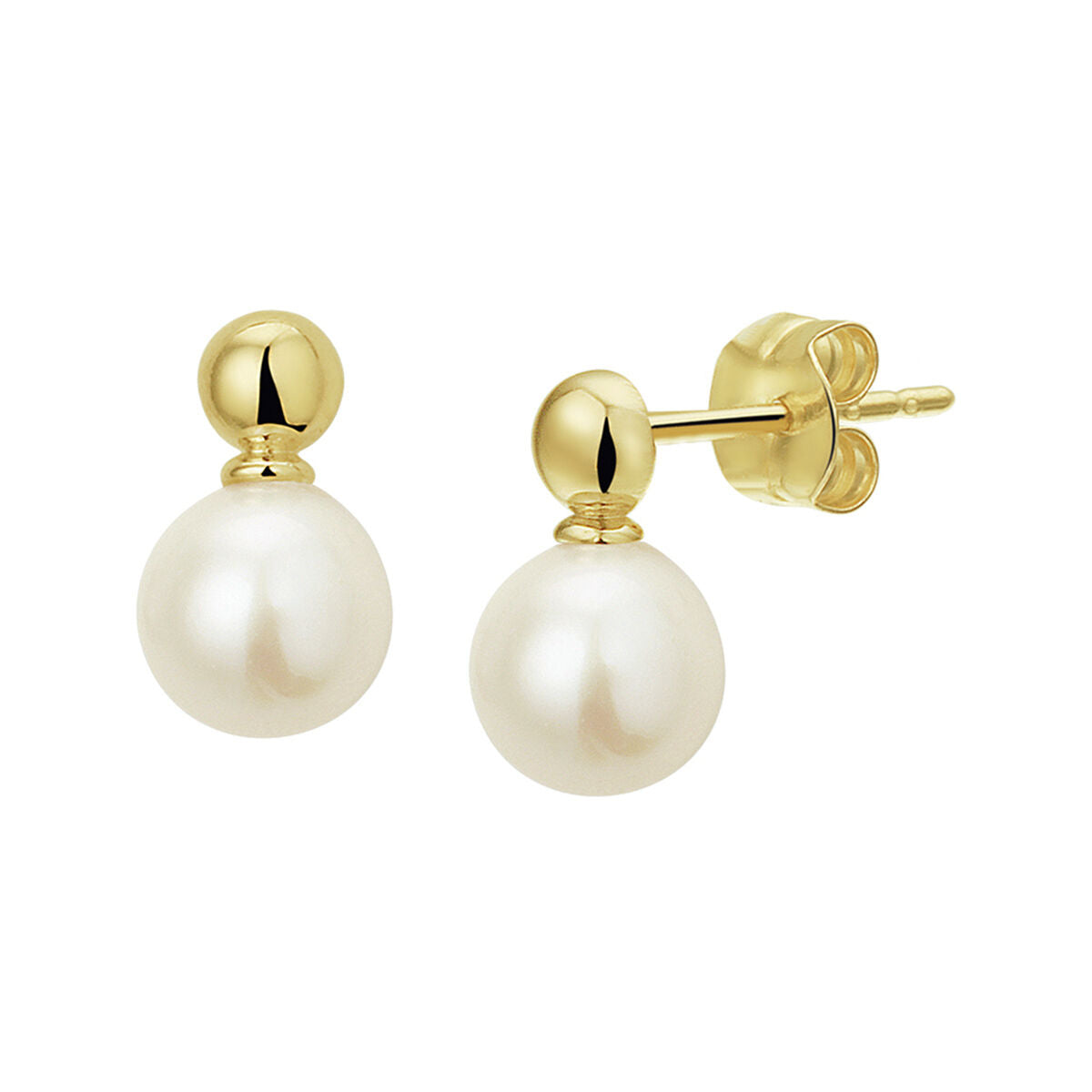 Boucles d'oreilles en perles avec tige en or jaune 14K, forme ronde.