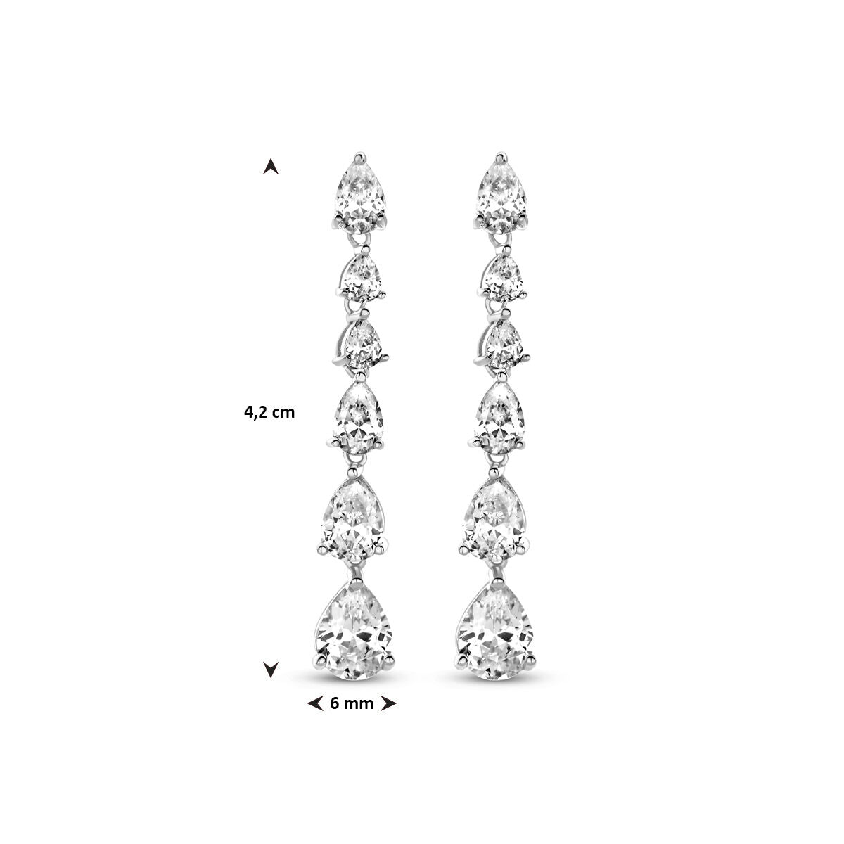 Van der Kooij Collectie oorhangers zirkonia 42 mm zilver gerhodineerd: elegante lange oorhangers met peervormige en ronde heldere stenen in verticale opstelling, 4,2 cm lang en 6 mm breed-prachtig voor dames sieraden.