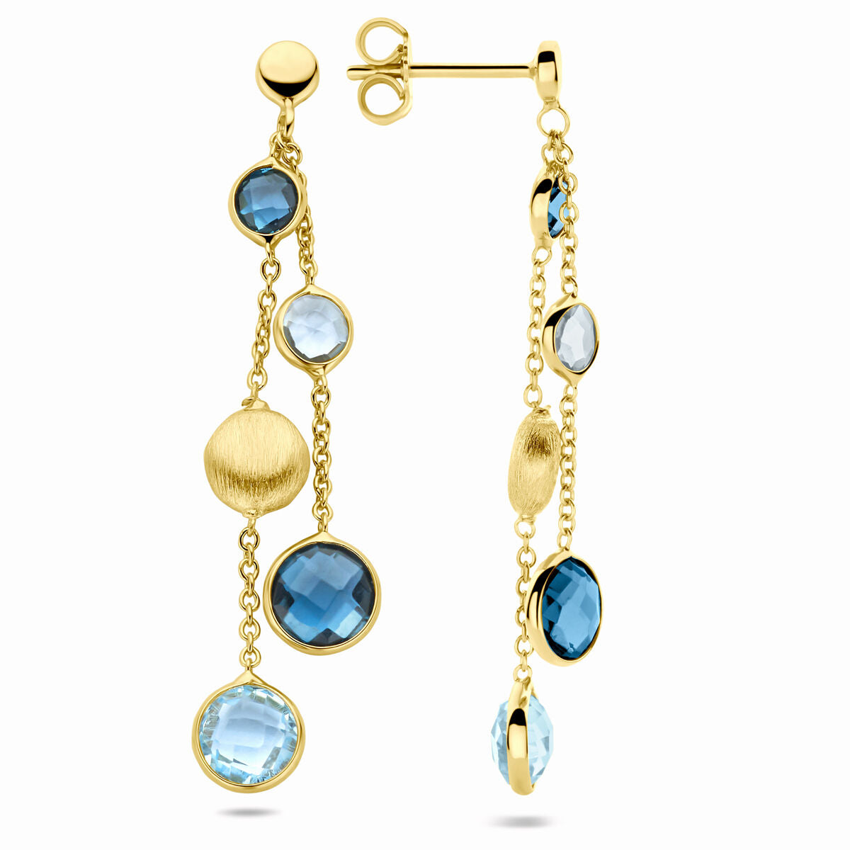 boucles d'oreilles cercles, topaze bleu ciel et topaze bleu london 44 mm or jaune 14K