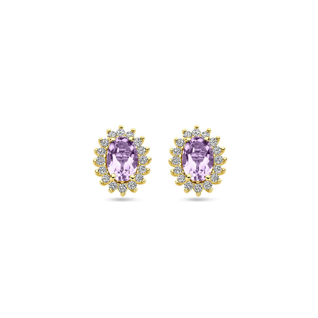 oorknoppen amethist en zirkonia 9,5 mm 14K geelgoud
