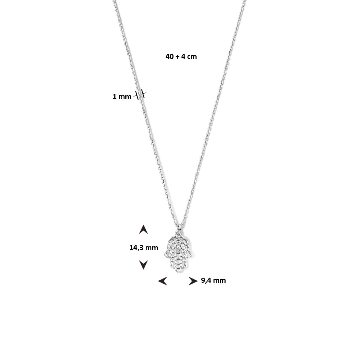 collier main de Fatima 40 + 4 cm argent rhodié