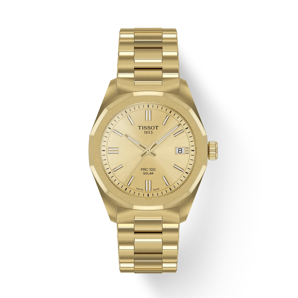 Montre Tissot PRC 100 de 34 mm en acier inoxydable doré, cadran doré avec date.
