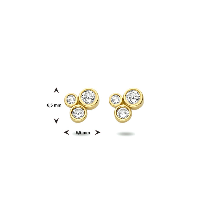 De oorknoppen zirkonia 14K geelgoud uit de Van der Kooij Collectie zijn 6,5 mm hoog en 5,5 mm breed, met per oorbel drie heldere zirkonia's in een elegante driehoek.