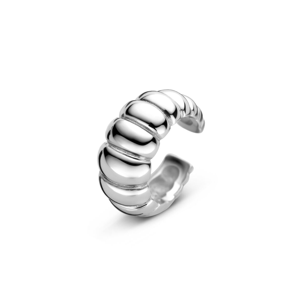 Ear cuff en argent avec un design moderne et lisse, sans piercing.