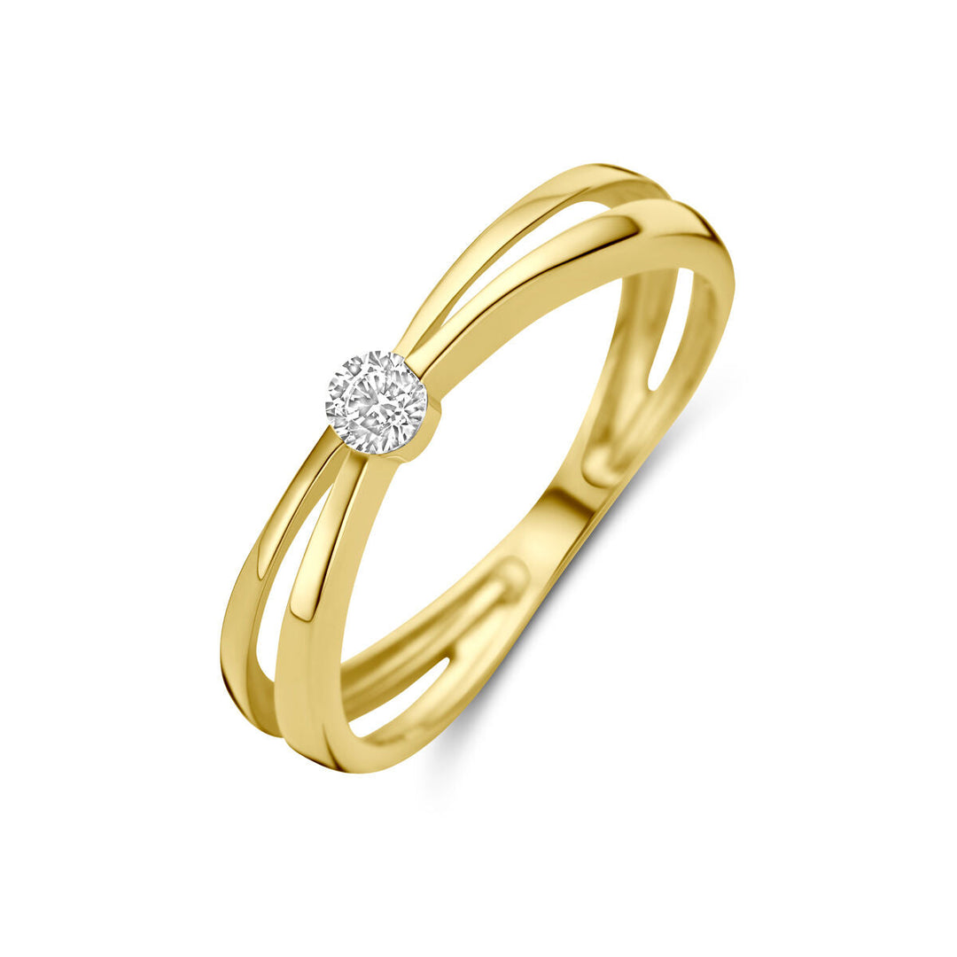 De Van der Kooij Collectie ring zirkonia 14K geelgoud is een gouden damesring met een gespleten band en een centrale ronde zirkonia, afgebeeld op een witte achtergrond.