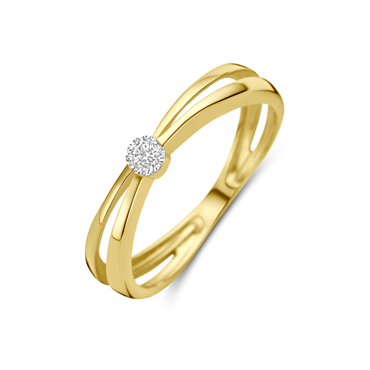 Bague en or jaune 14K avec un zirconia brillant au centre et un design à deux bandes.