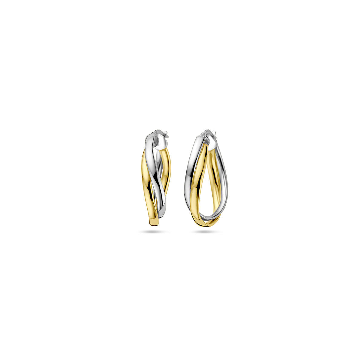 Boucles d'oreilles en argent doré, avec un design en spirale, combinant des teintes jaunes et rhodium.