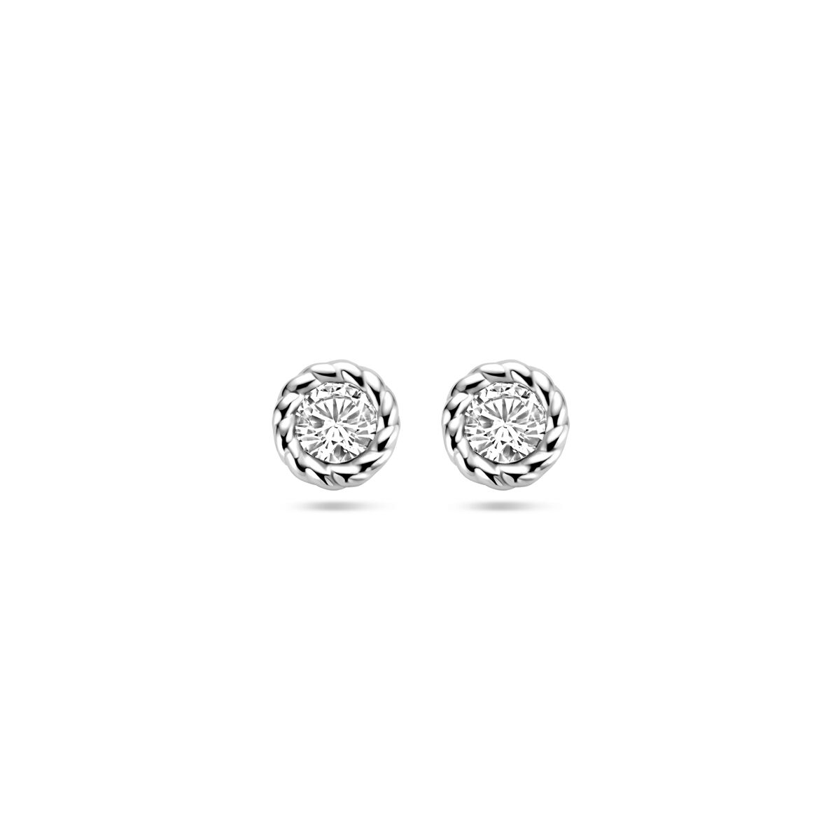 Boucles d'oreilles en argent rhodié ornées de zirconia, avec un design circulaire.