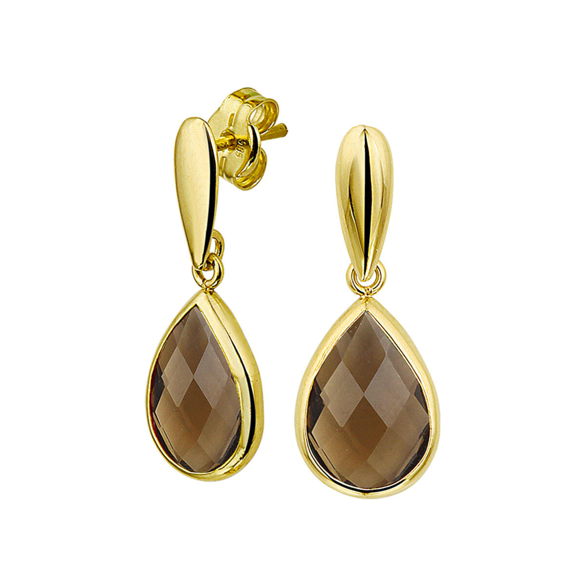 Boucles d'oreilles en or jaune 14K avec pendentifs en quartz fumé en forme de goutte.