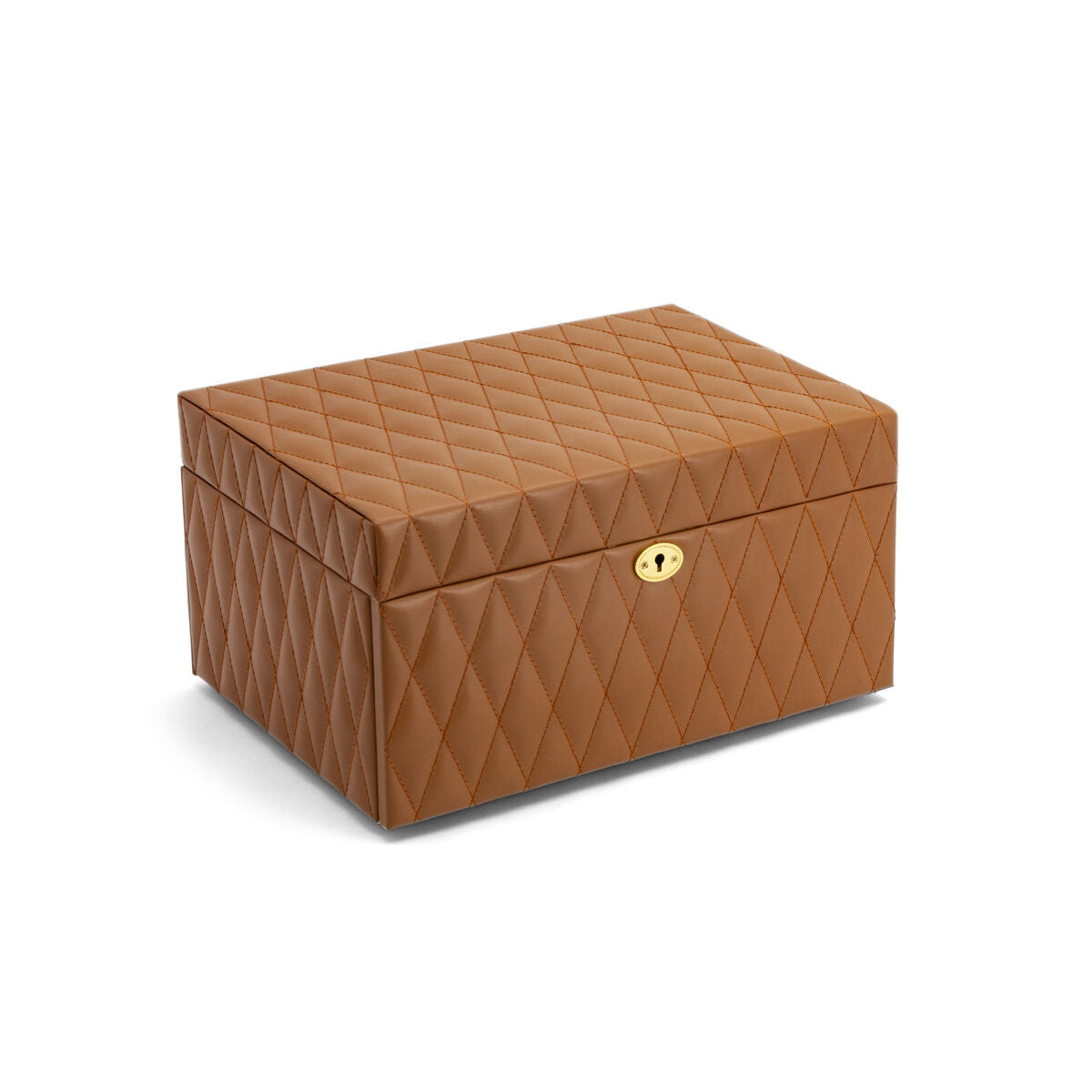 Boîte à bijoux marron en simili cuir avec un motif matelassé.