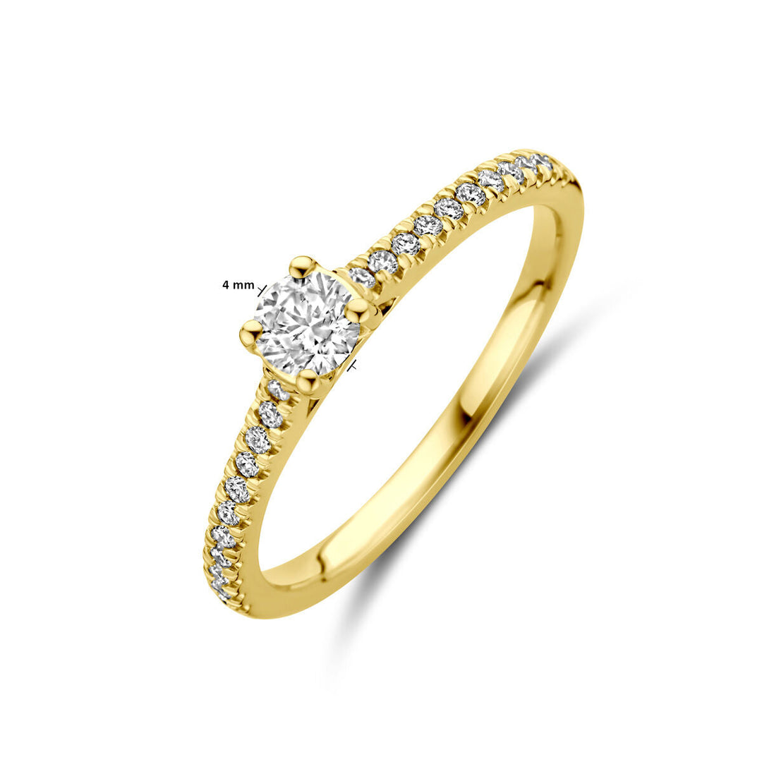De Van der Kooij Collectie ring lab-grown diamant 0.39ct h si 14K geelgoud is een slanke damesring met ronde lab-grown diamant in vierpoots zetting en kleinere diamanten op de 4 mm band.