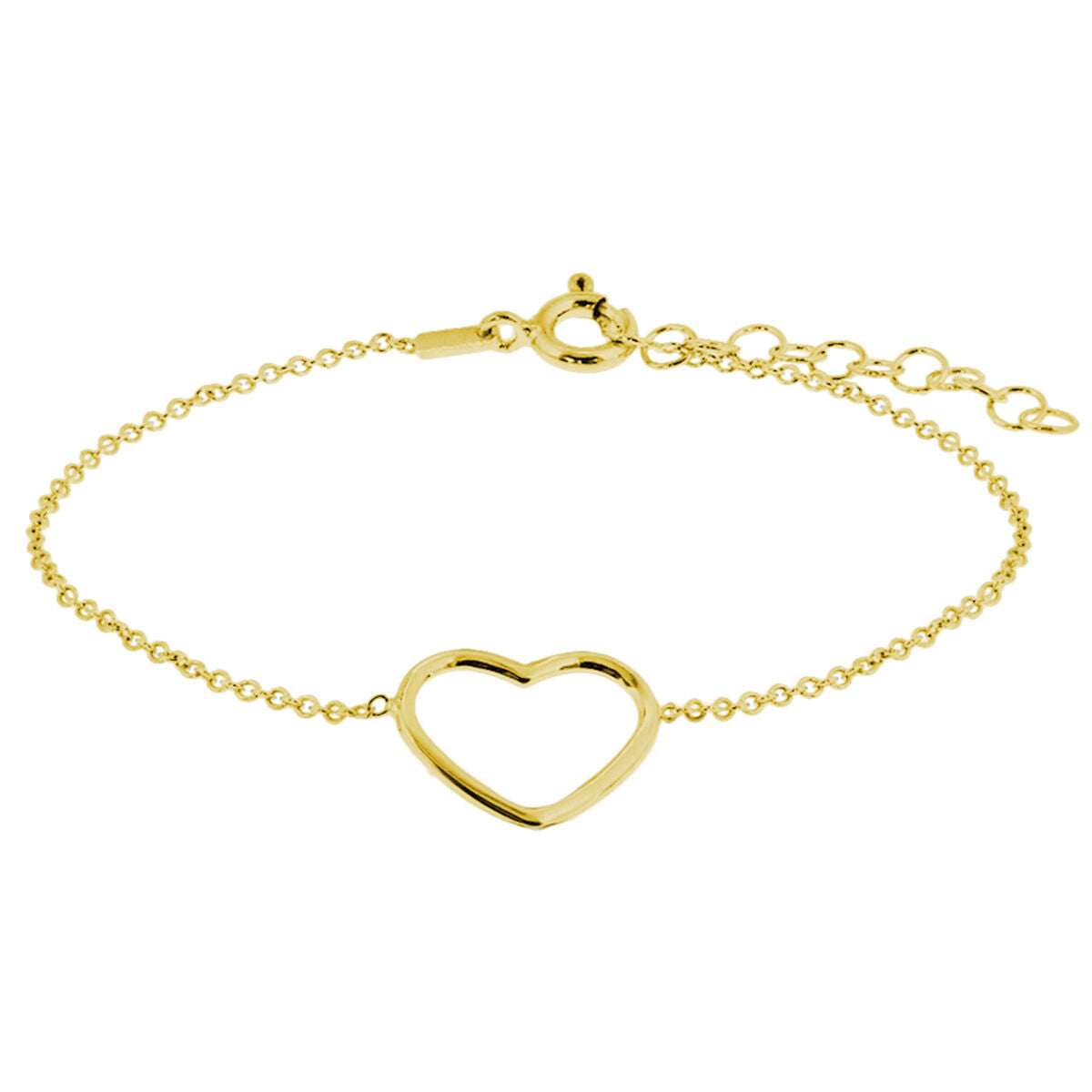 Bracelet en argent doré avec un motif en forme de cœur, longueur de 16 à 19 cm.