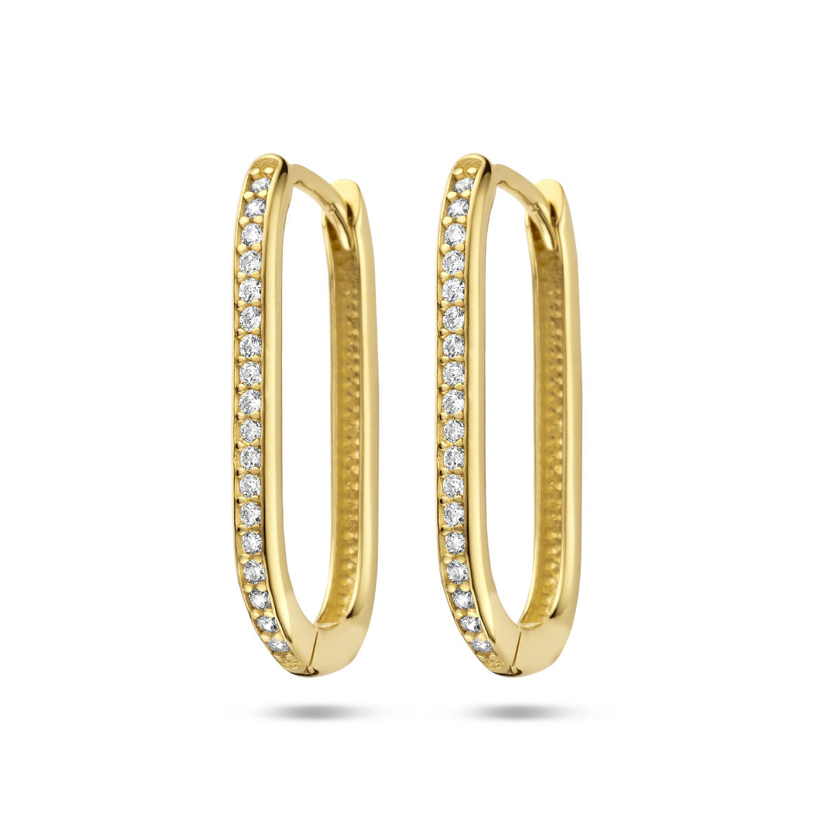 Boucles d'oreilles en or jaune 14K en forme de paperclip, ornées de zirconiums.