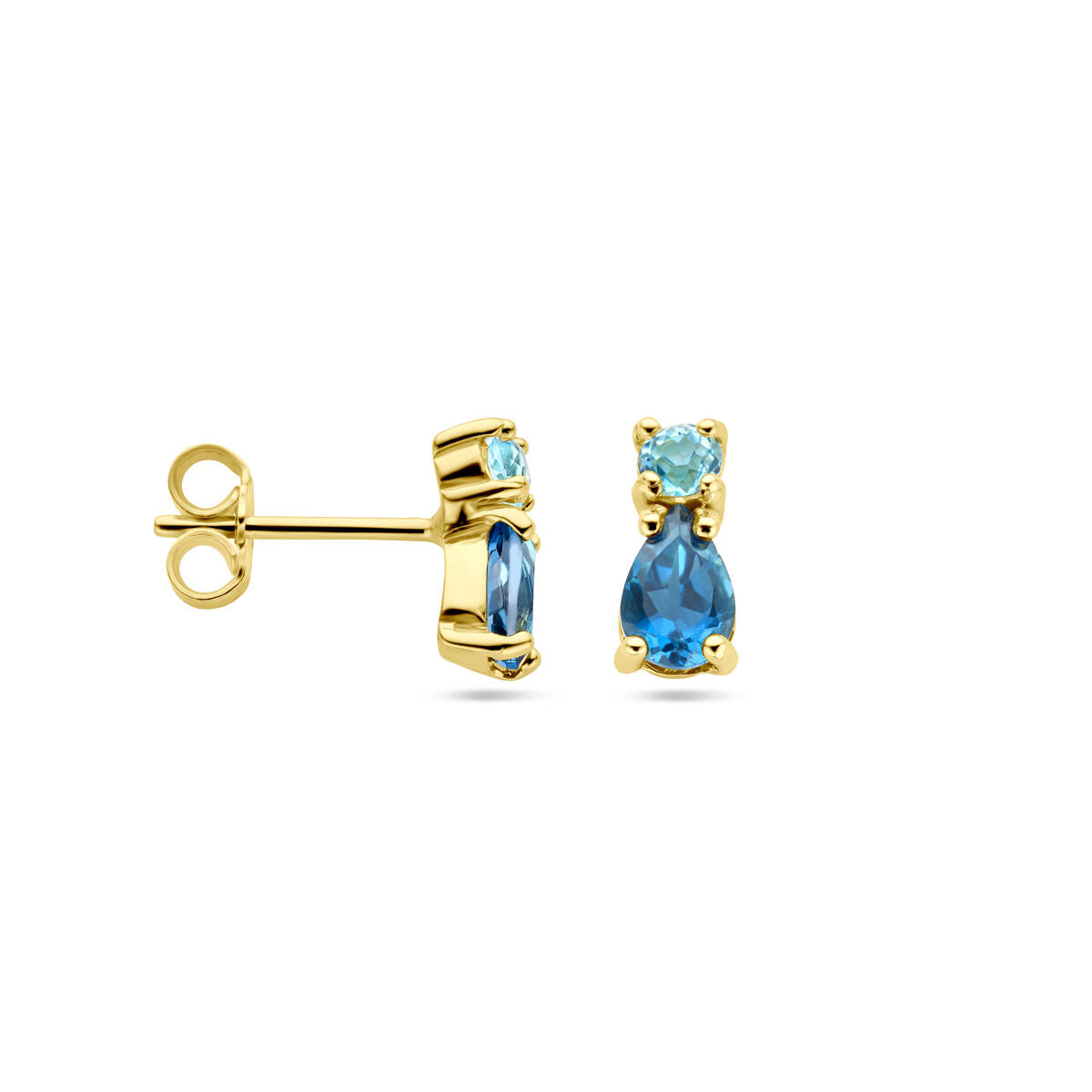 puces d'oreilles avec topaze london blue et topaze sky blue en or jaune 14K