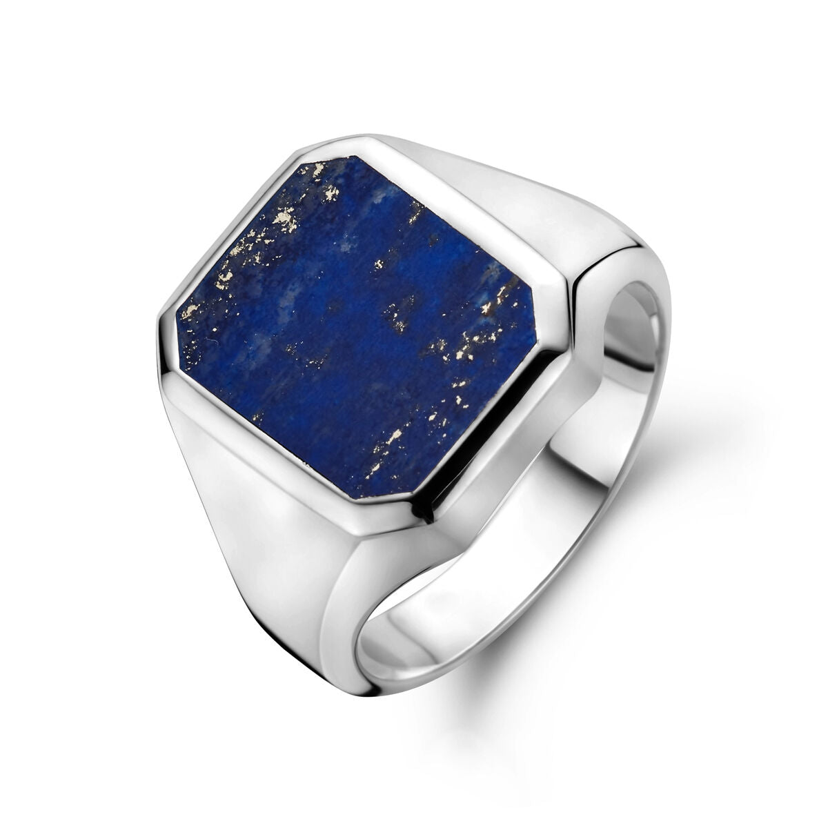 Bague en argent rhodié avec un cabochon en lapis de 13 x 11 mm, forme hexagonale.