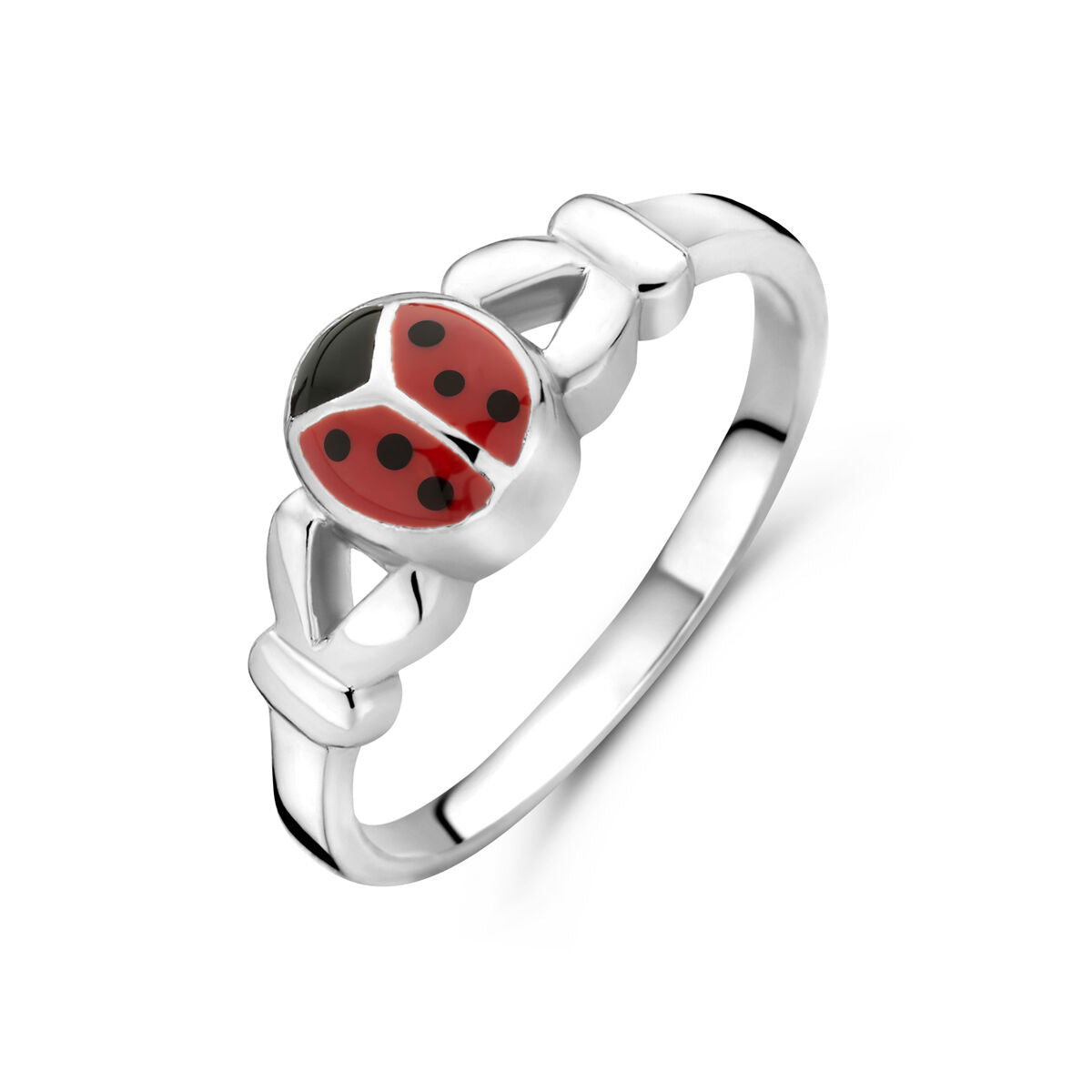 Bague en argent avec un motif de coccinelle rouge et noire.