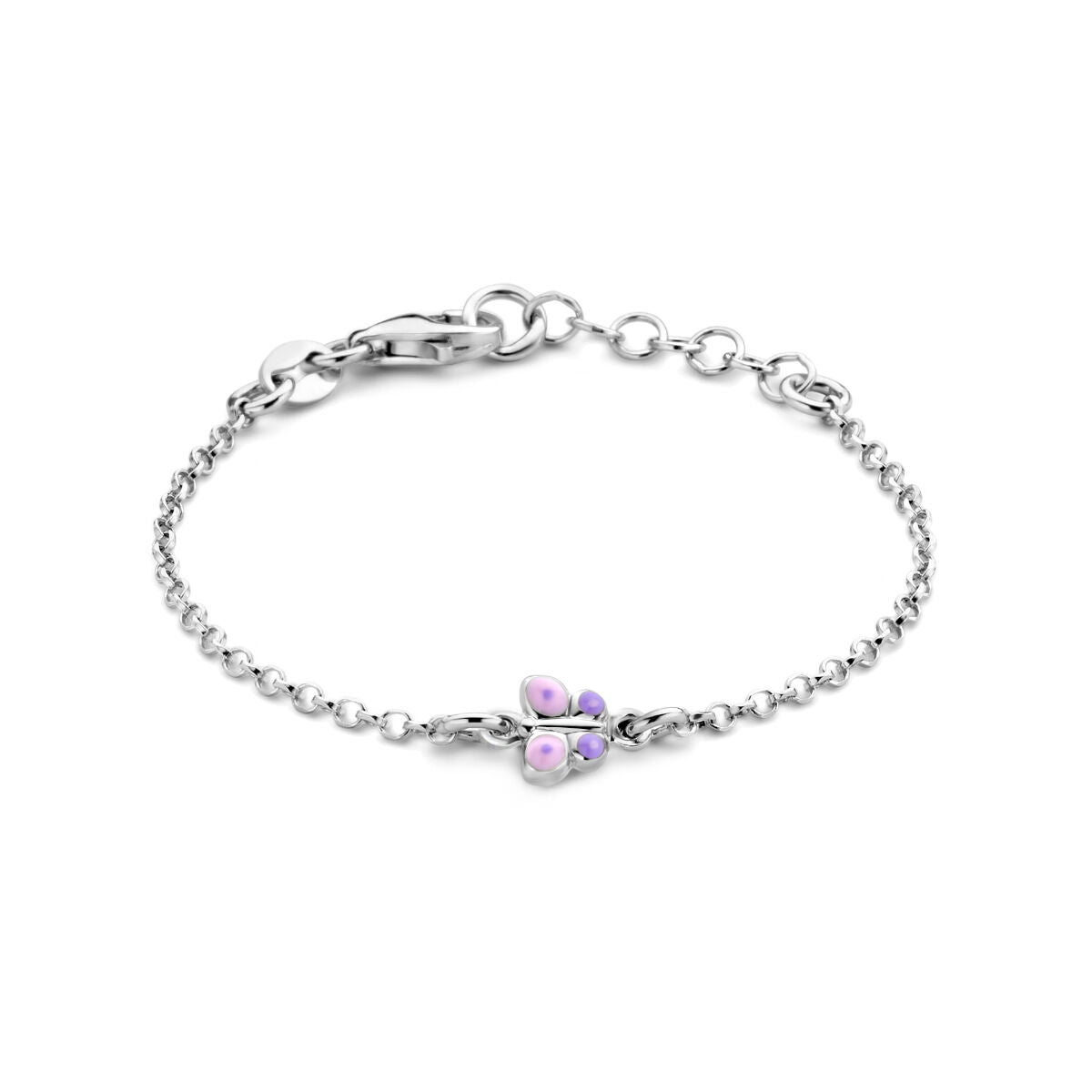Bracelet en argent rhodié avec un motif de papillon et des détails colorés.