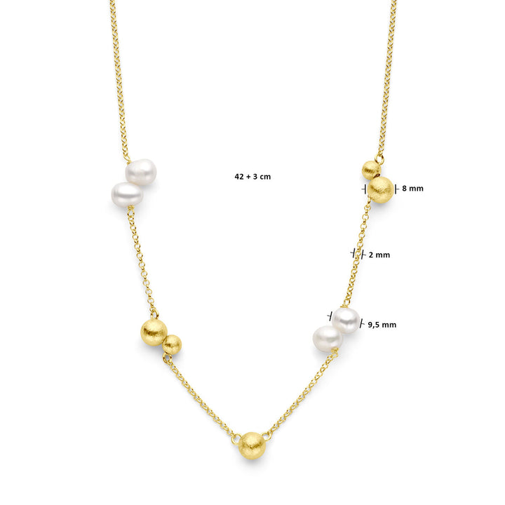 collier parels en bolletjes 42 + 3 cm zilver verguld (geel)