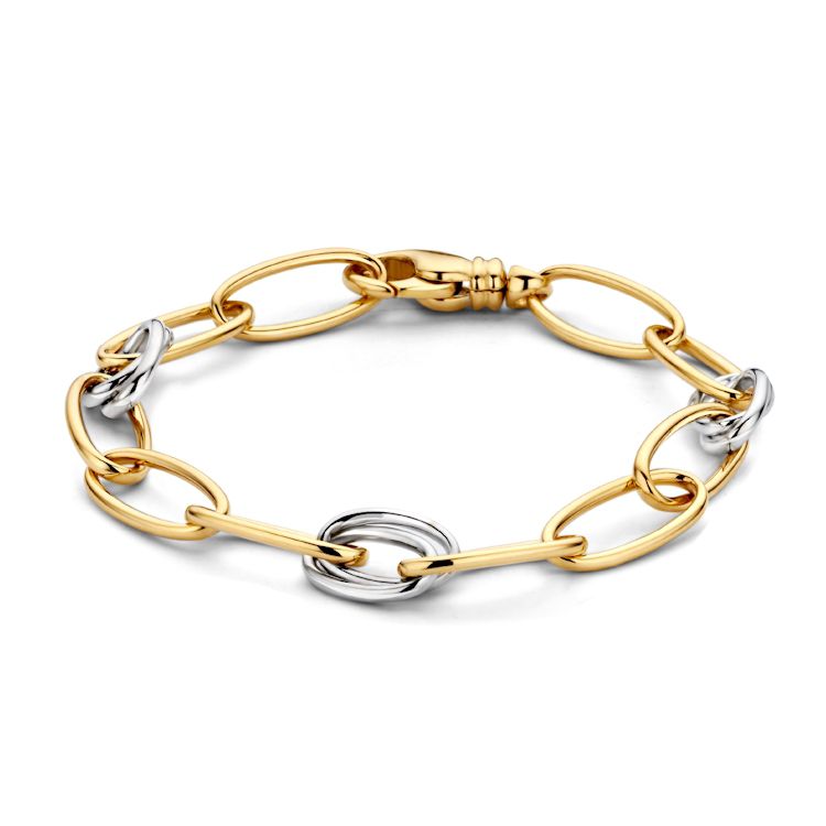 Bracelet en or jaune et blanc 14 carats, avec maillons ovales et fermoir en métal.