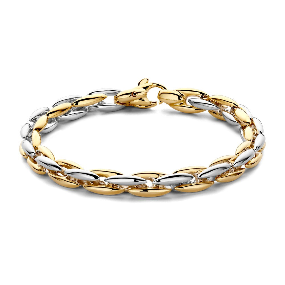 Bracelet bicolore en maillons alternés dorés et argentés avec fermoir.