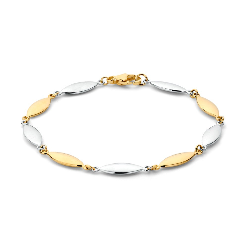 Bracelet bicolore en argent et or, avec des maillons ovales alternés et un fermoir.