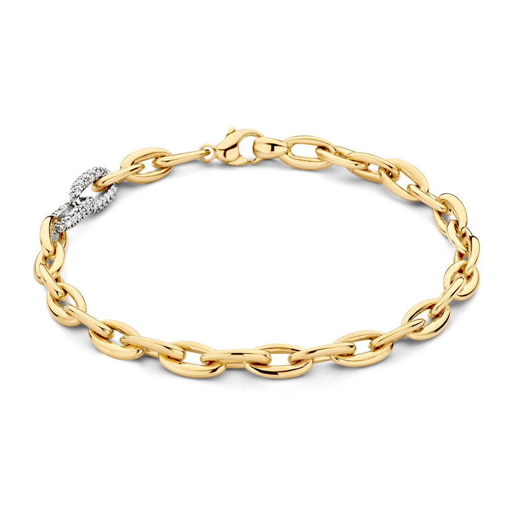 Bracelet en or avec maillons dorés et fermoir en diamant.