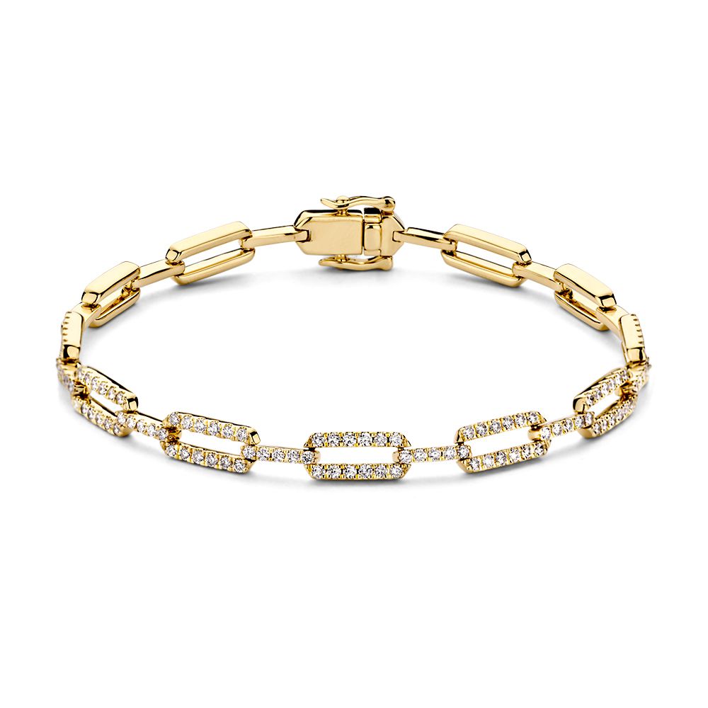 Bracelet en or jaune 14 carats avec diamants, design élégant avec maillons et détails brillants.