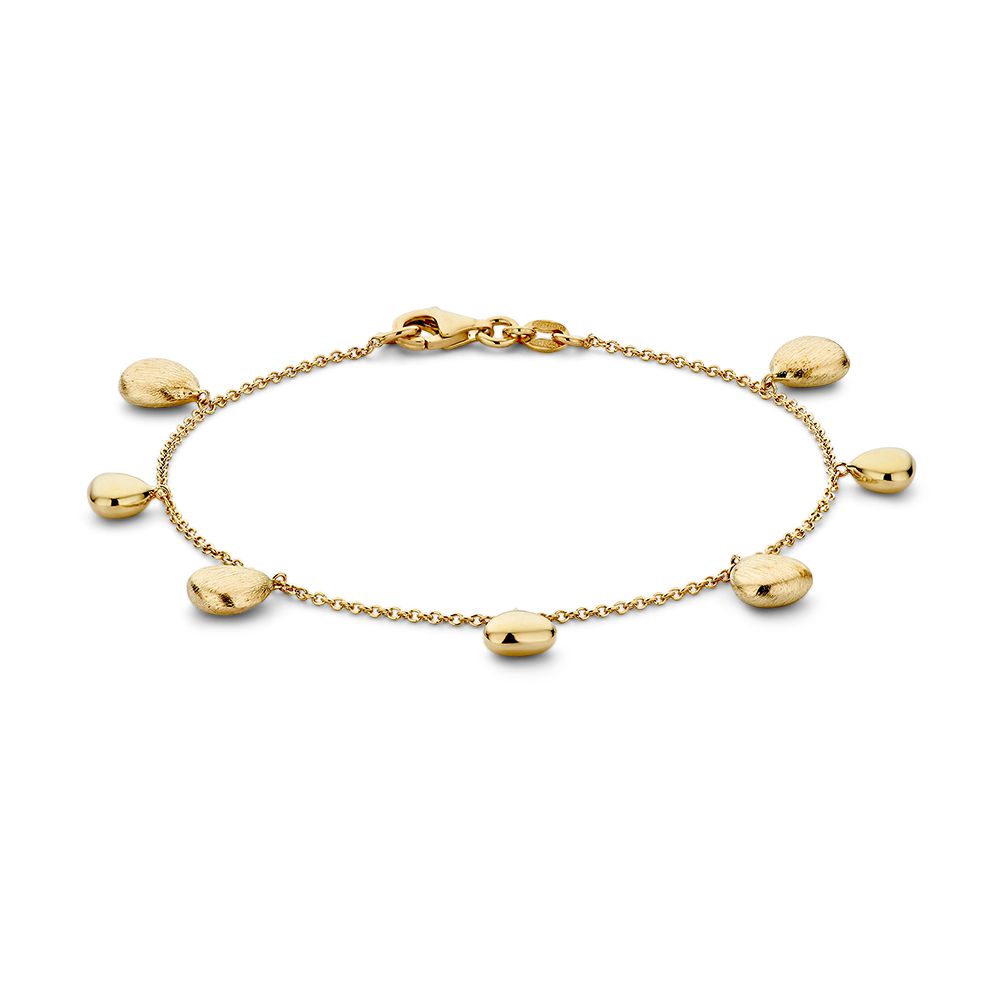 Bracelet en or jaune 14 carats avec des éléments suspendus, longueur 19 cm.