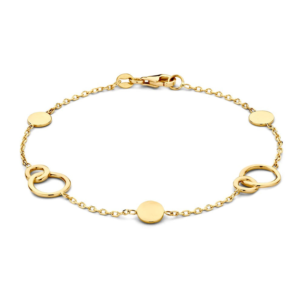 Bracelet en or jaune 14 carats avec des cercles entrelacés et des disques ronds.